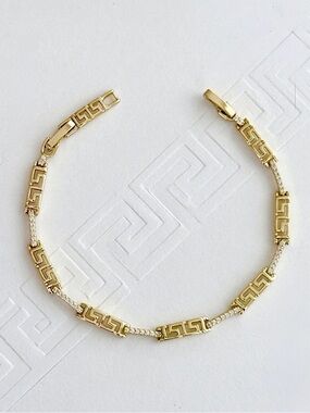 14K Gold Plated Greek Key Meander Bracelet with CZ Tennis Link | Dainty Bracelet